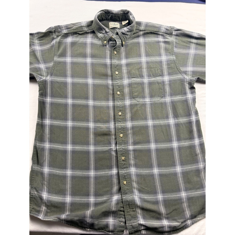 LL Bean Flannel Button Up Shirt Mens L Tall Green Gray Plaid Heritage Casual
